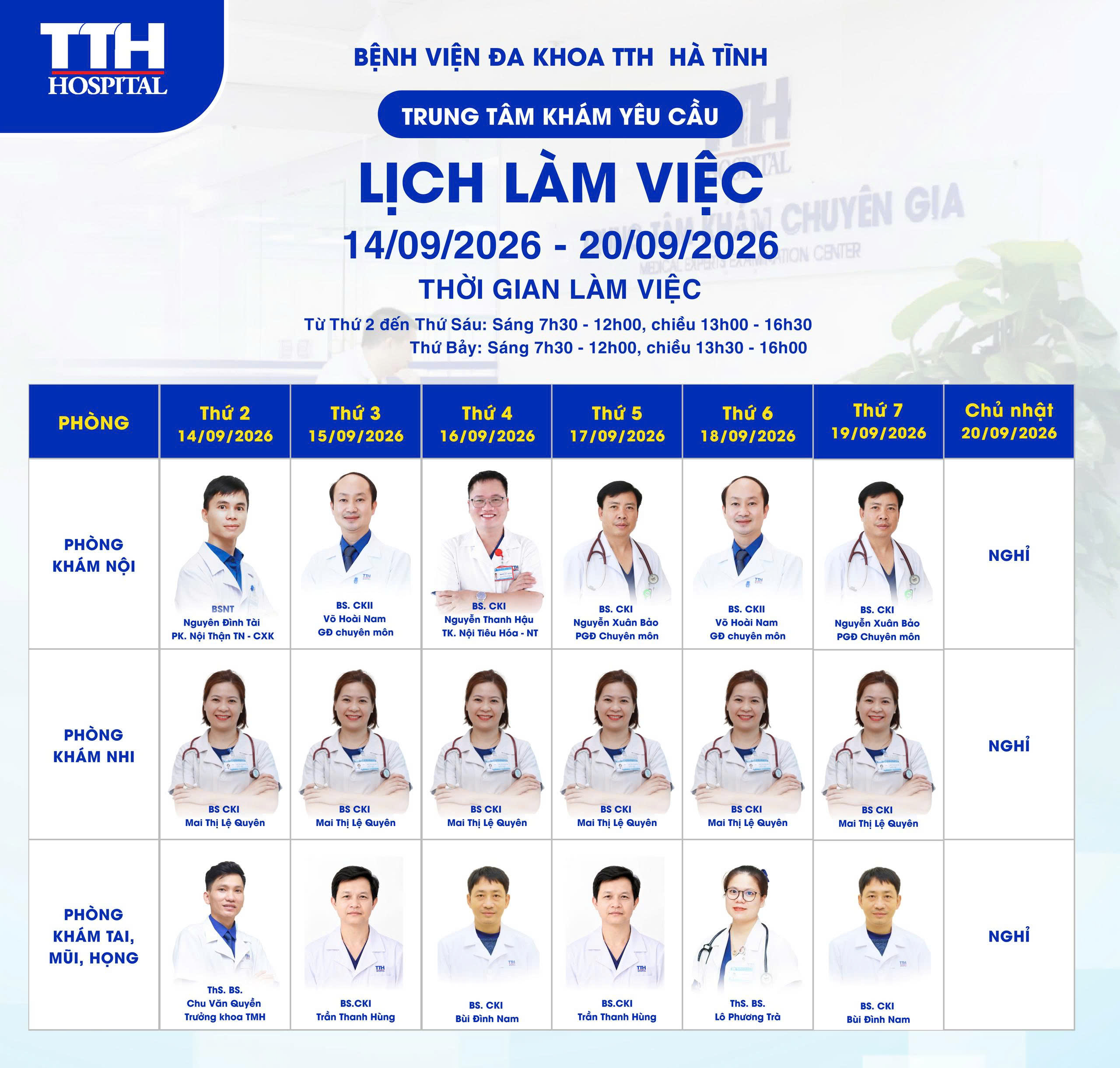 CẬP NHẬT LỊCH LÀM VIỆC TRUNG TÂM KHÁM CHUYÊN GIA - BỆNH VIỆN ĐA KHOA TTH HÀ TĨNH